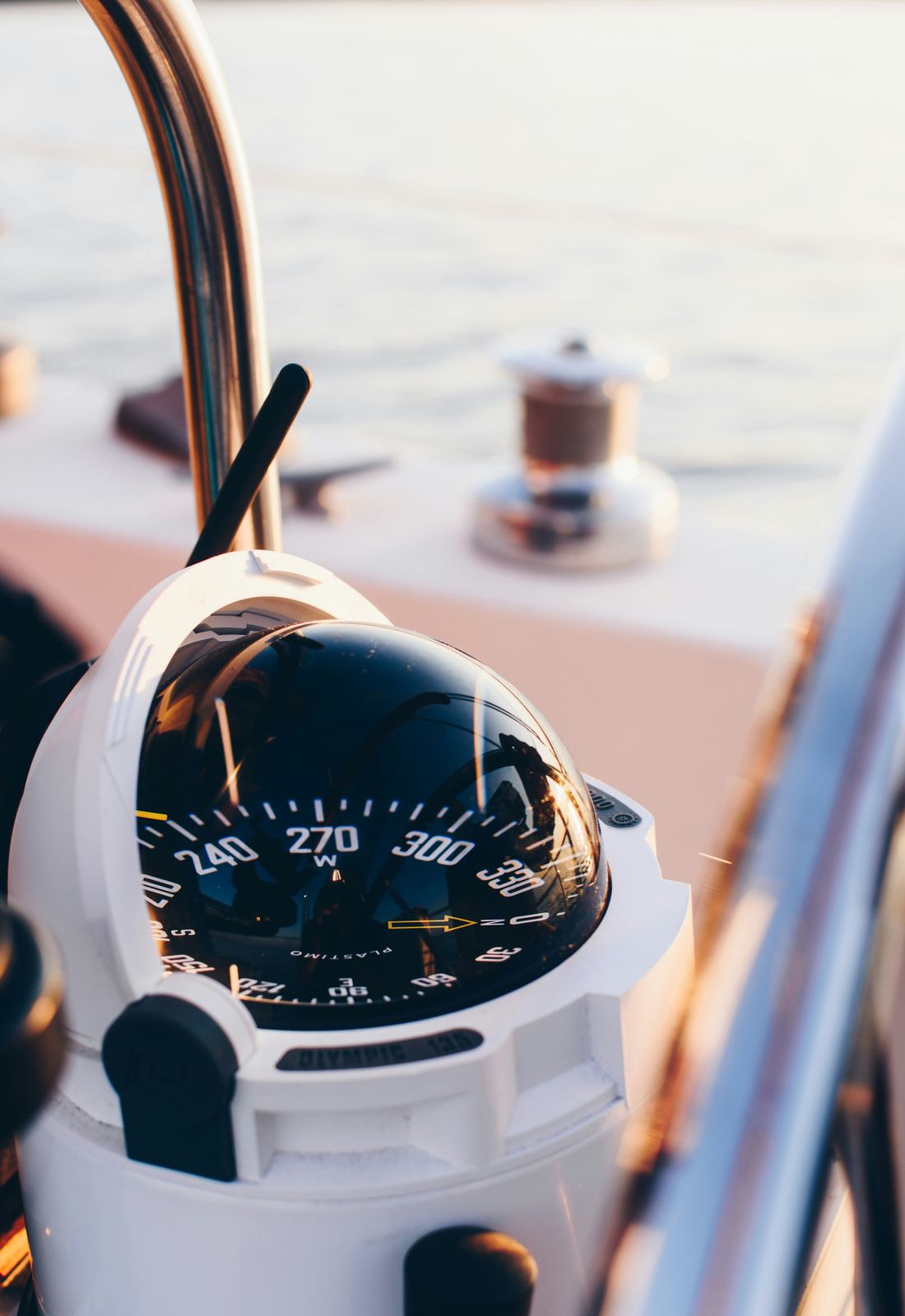 A yacht's compass at the helm